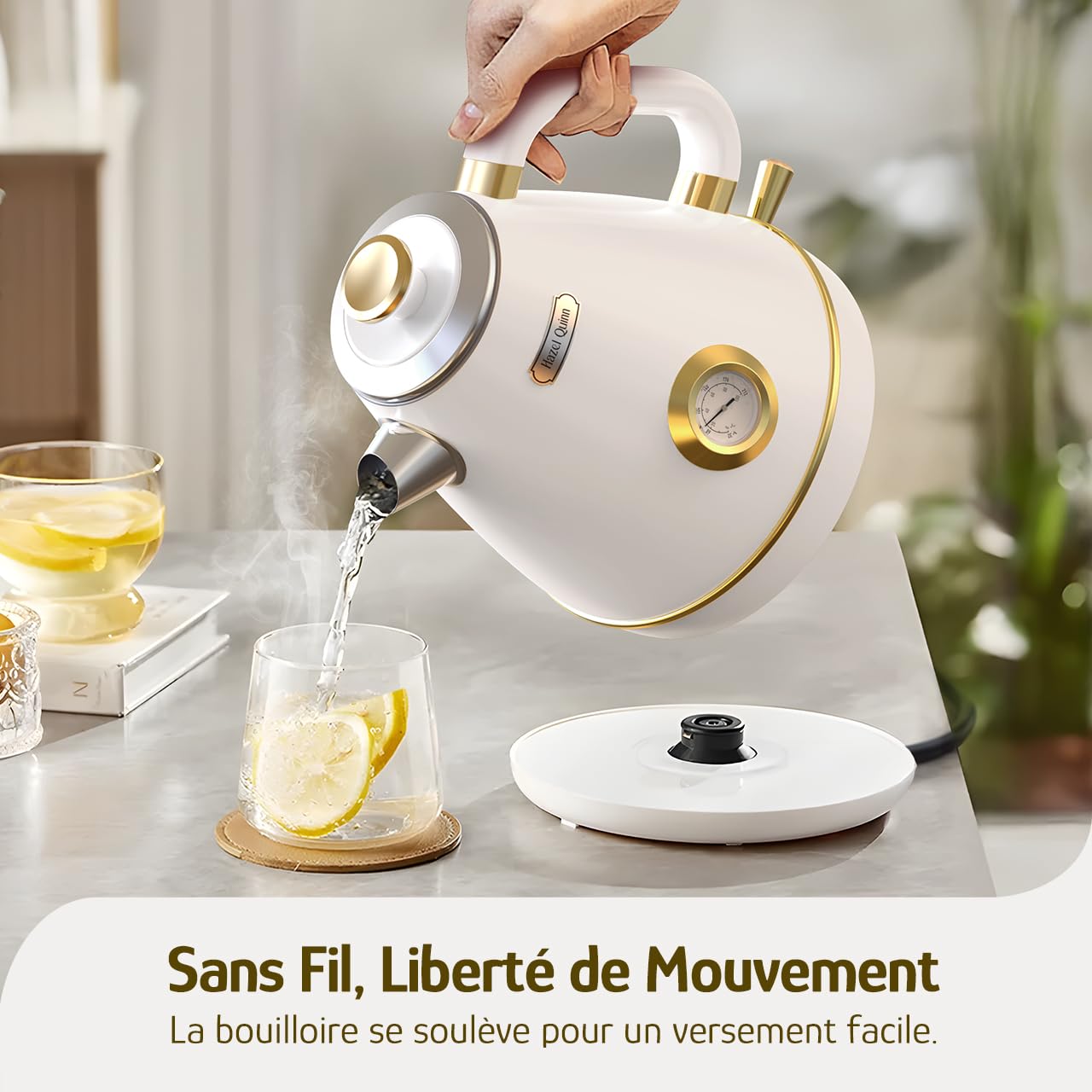 Hazel Quinn Bouilloire Électrique Rétro avec Thermomètre, Entièrement en Acier Inoxydable sans Plastique, Bouilloire Sans Fil, Arrêt Automatique, 2200 W, 1,7 L, Sans BPA, Vintage Design, Blanc Perle