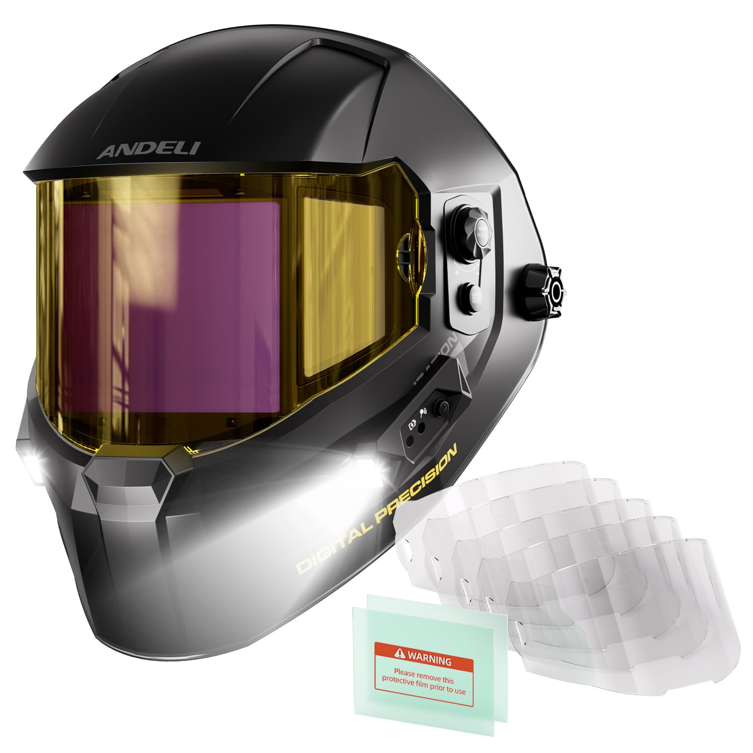 ANDELI Casco/Máscara Soldadura Auto Oscurecimiento Visión180° 2 LED gestual, ANDELI Juego de lentes de repuesto para casco de soldadura OPTIM: 5 lentes exteriores y 2 lentes de protección interiores c