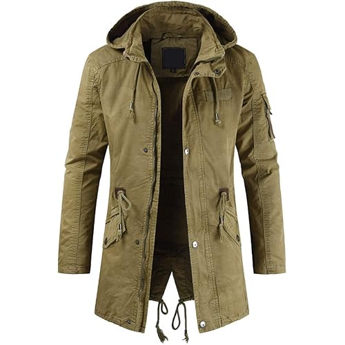chouyatou Men's Spring Military Full-Zip Removable Hooded Cotton Mid-Long Parka Jacket Coat