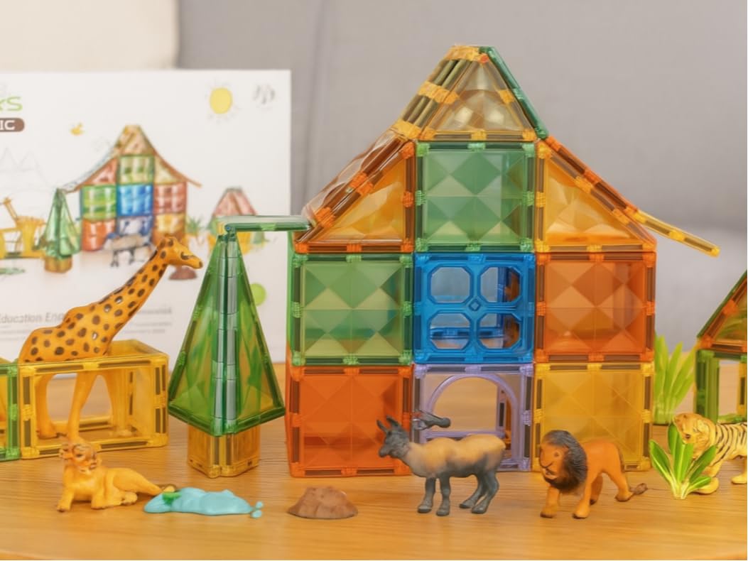 Magnetic Building Tiles Set 84 PCS, Safari Animal Figures & Colourful Tiles