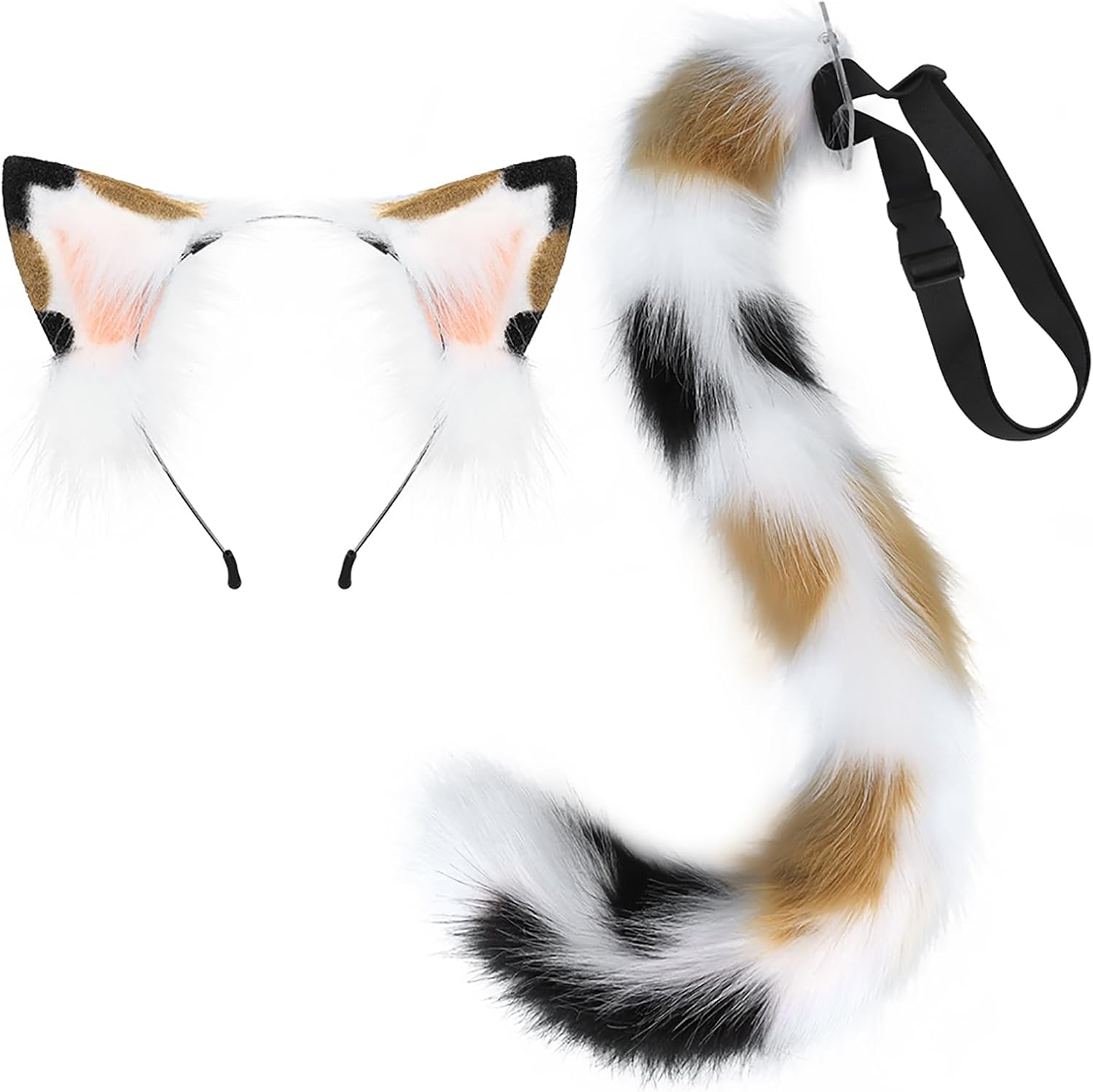 QinRuan Animal Cosplay Costume Accessories Furry Faux Fur Cat Ears Headband and Fox Tail Set Halloween Accessory