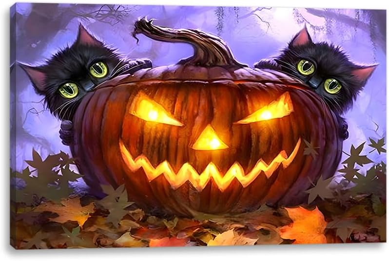 alottagifts Arte de pared iluminado de Halloween con diseño de gatitos negros de Halloween, 16 x 12 pulgadas con temporizador, lienzo LED de