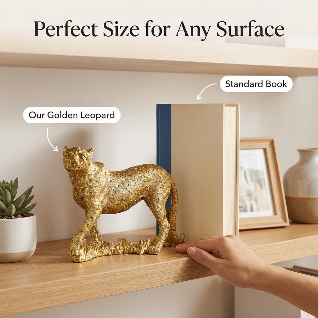 Cheetah Statue for Home Decor, 11" W Gold Resin Leopard Sculpture for Desk Shelf Office, Modern Animal Figurine for Living Room, Coffee Table, TV Stand, Entryway, Giftable Decor