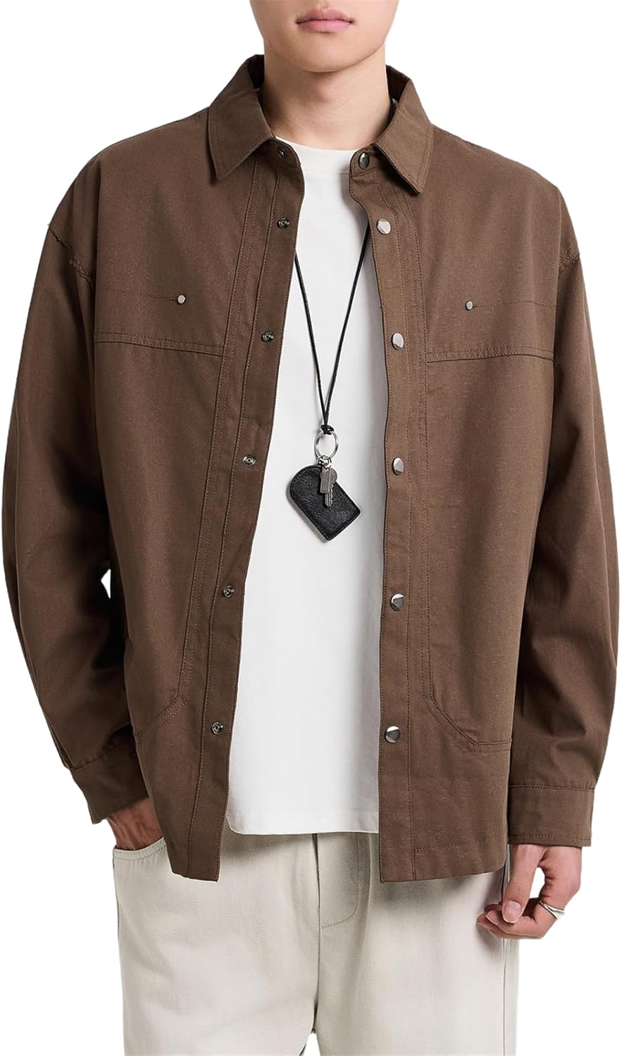 Men's Lapel Collar Jacket, Workwear Style Spring Top, Cotton Shirt Top Jacket