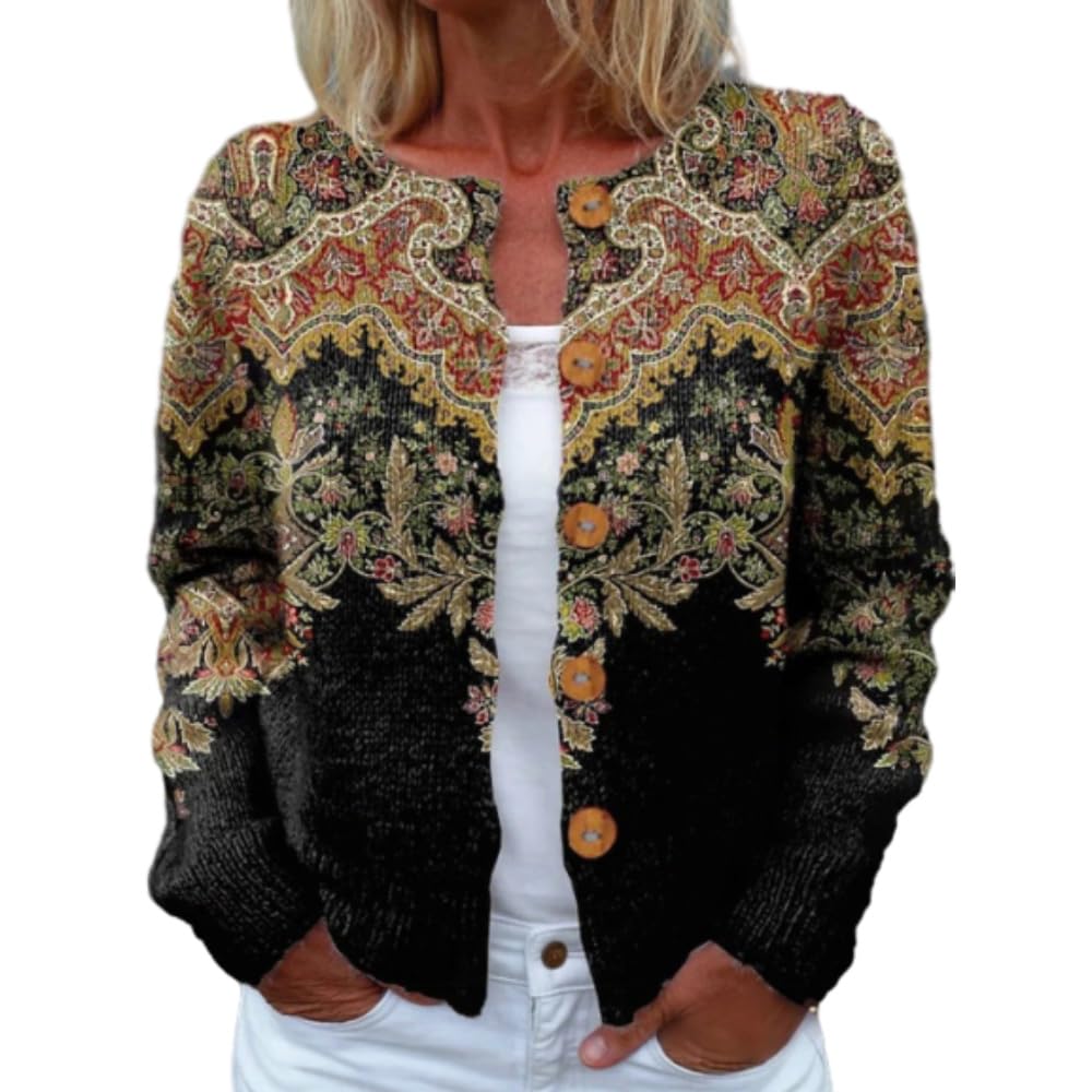 Womens Vintage Knit Cardigan Bohemian Paisley Floral Sweater Jacket Long Sleeve Button Down Outwear for Fall Winter