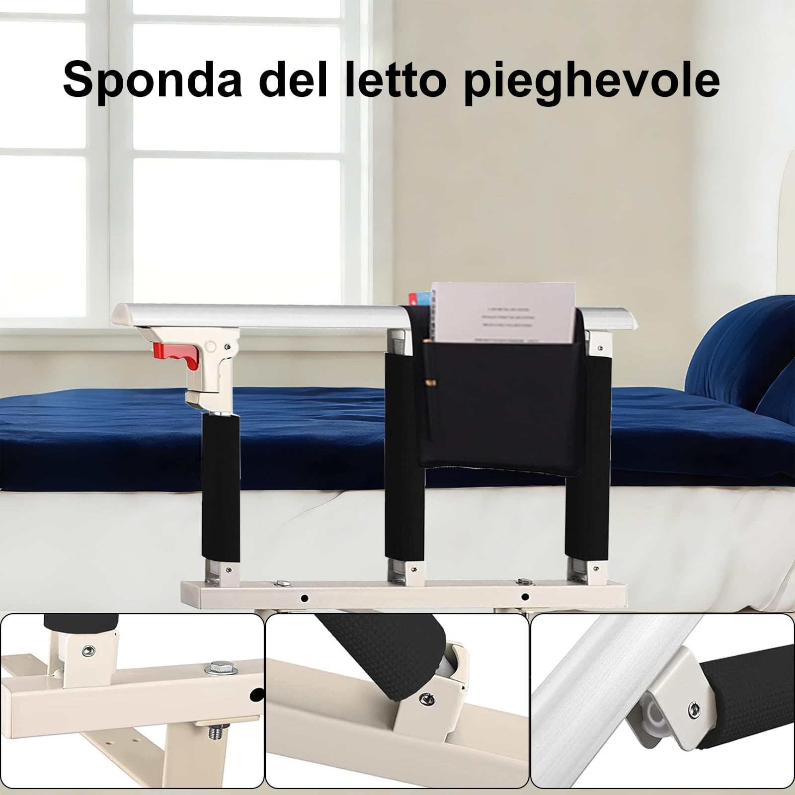 Protezione laterale pieghevole per anziani, adulti, supporto per ringhiera di protezione, ringhiera del letto, ospedale, con sacchetto di immagazzinaggio (70 x 40 cm)