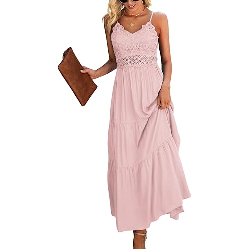 Dokuritu Women's Beach Crochet Lace Maxi Dress Solid Color Summer Vacation Spaghetti Strap Long Dress 2023