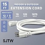 EP 15 Ft Heavy Duty Outdoor Extension Cord, 12/3 SJTW White 3-Prong | 12 AWG 3-Wire Grounded Plug | Indoor & Outdoor | Lawn, Garden & Appliance Use
