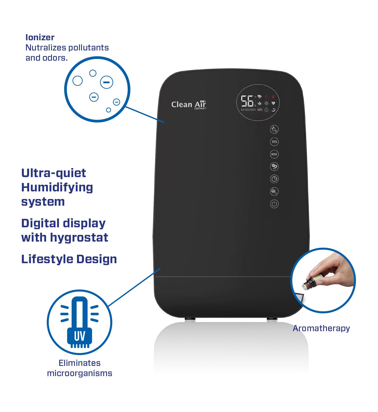 Luftbefeuchter mit Ionisator und Aromatherapie - Clean Air Optima CA-607B Smart - Befeuchtungsleistung max. 480 ml/h - Wassertankinhalt 5,5 Liter - Geeignet für Räume bis 65m²/160 m³ (Black)