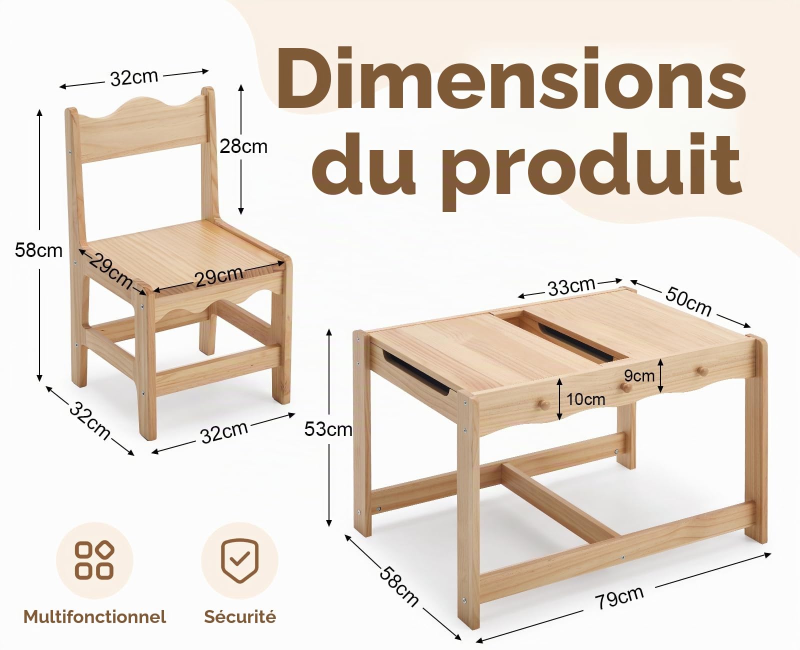 chairus 3 en 1 Table Enfants avec 2 Chaises, Réversible à Double Face avec Tableau Noir, Grand Rangement caché, Crochets latéraux, Coins arrondis, Table pour Dessiner Apprendre Bois Naturel