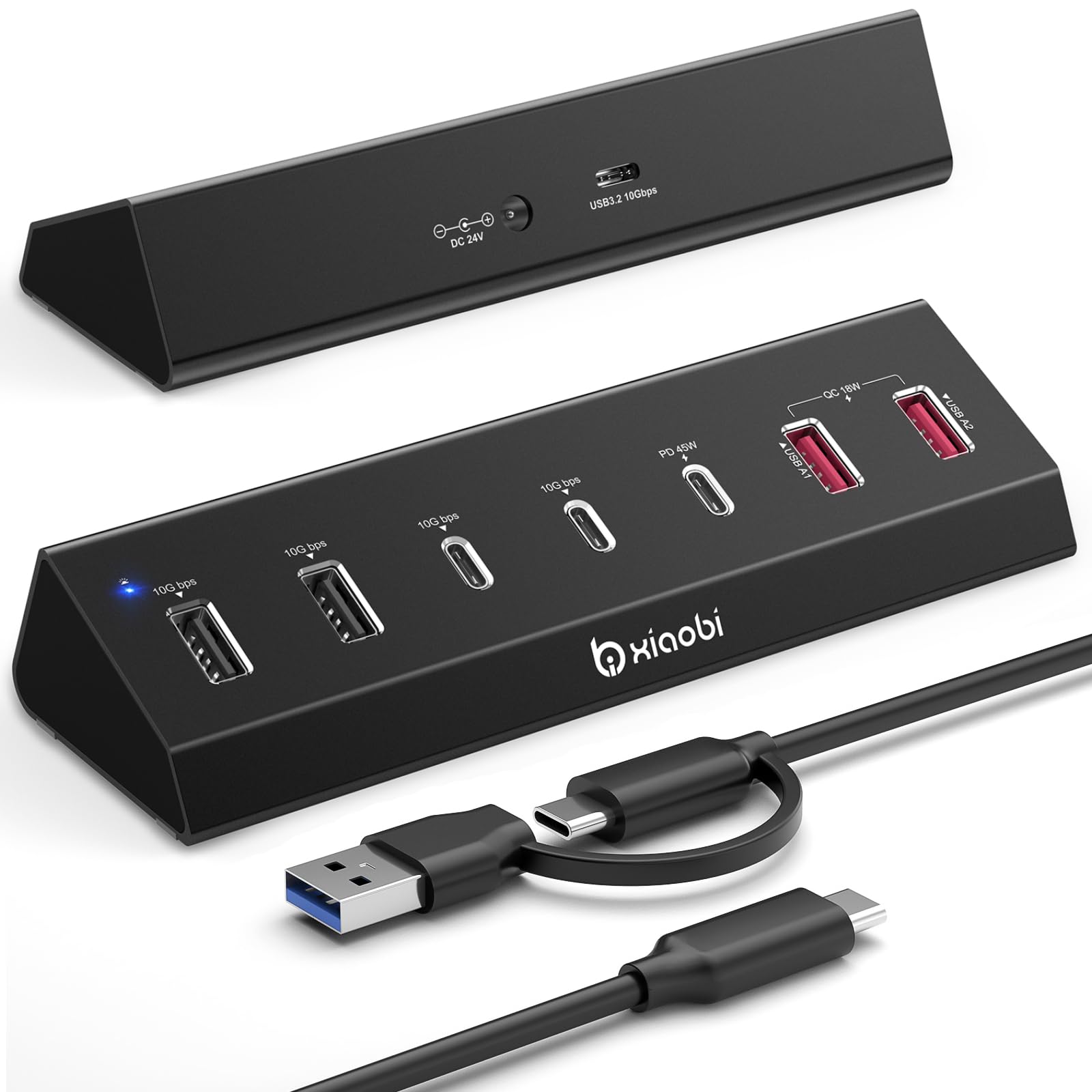 7 in 1 USB C Hub with 10Gbps Data Transfer, PD 45W & QC 18W Fast Charging | Ergonomic Tilt and Non-Slip Base, Powered USB Hub with 24V/3A Power Adapter for MacBook, PC and More(Black) Black 7 IN 1