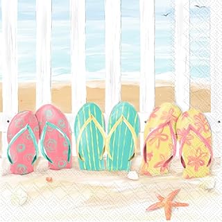 IHR Ideal Home Range Cocktail Napkins Disposable 3-Ply Paper Party Napkin Pack, 5" x 5", Sandy Flip Flops, 20-Count