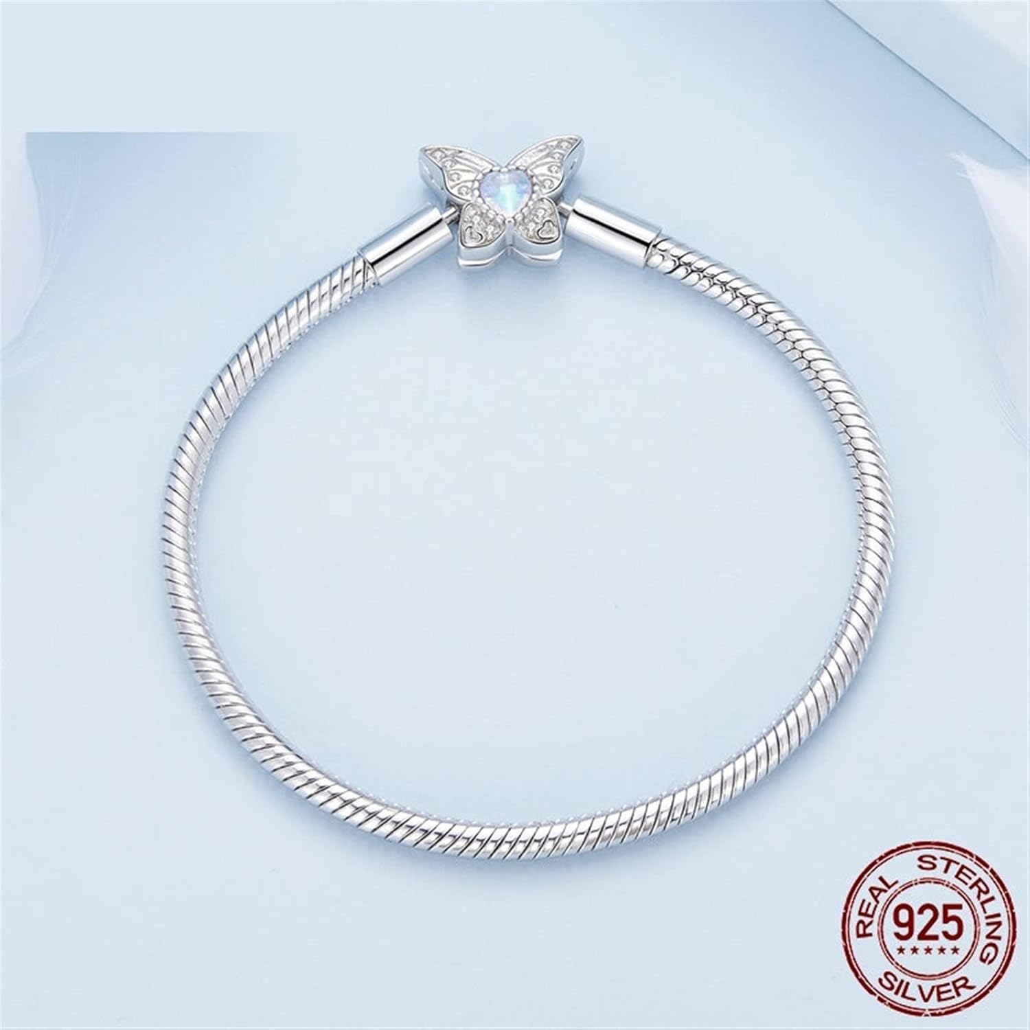 YANHAO 925 Sterling Silver Moonstone Butterfly Snake Basic Bracelet Pave Setting CZ for Women Beads and Charms DIY Fine Jewelry (Size : 19cm)