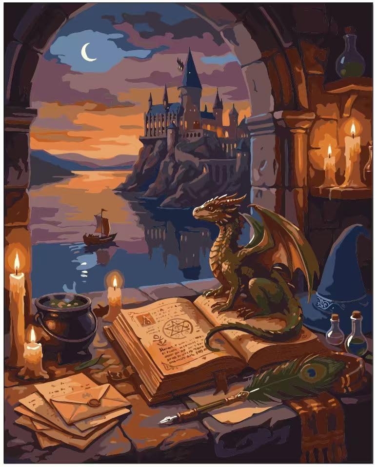 Runovate Fantasy Dragon Paint by Numbers for Adults, DIY Acrylic Painting Kit on Canvas 30x40cm, Advanced Paint by Numbers Set with Brushes, Paints and Hanging Kit, Castle Dragon Artwork for Home Deco