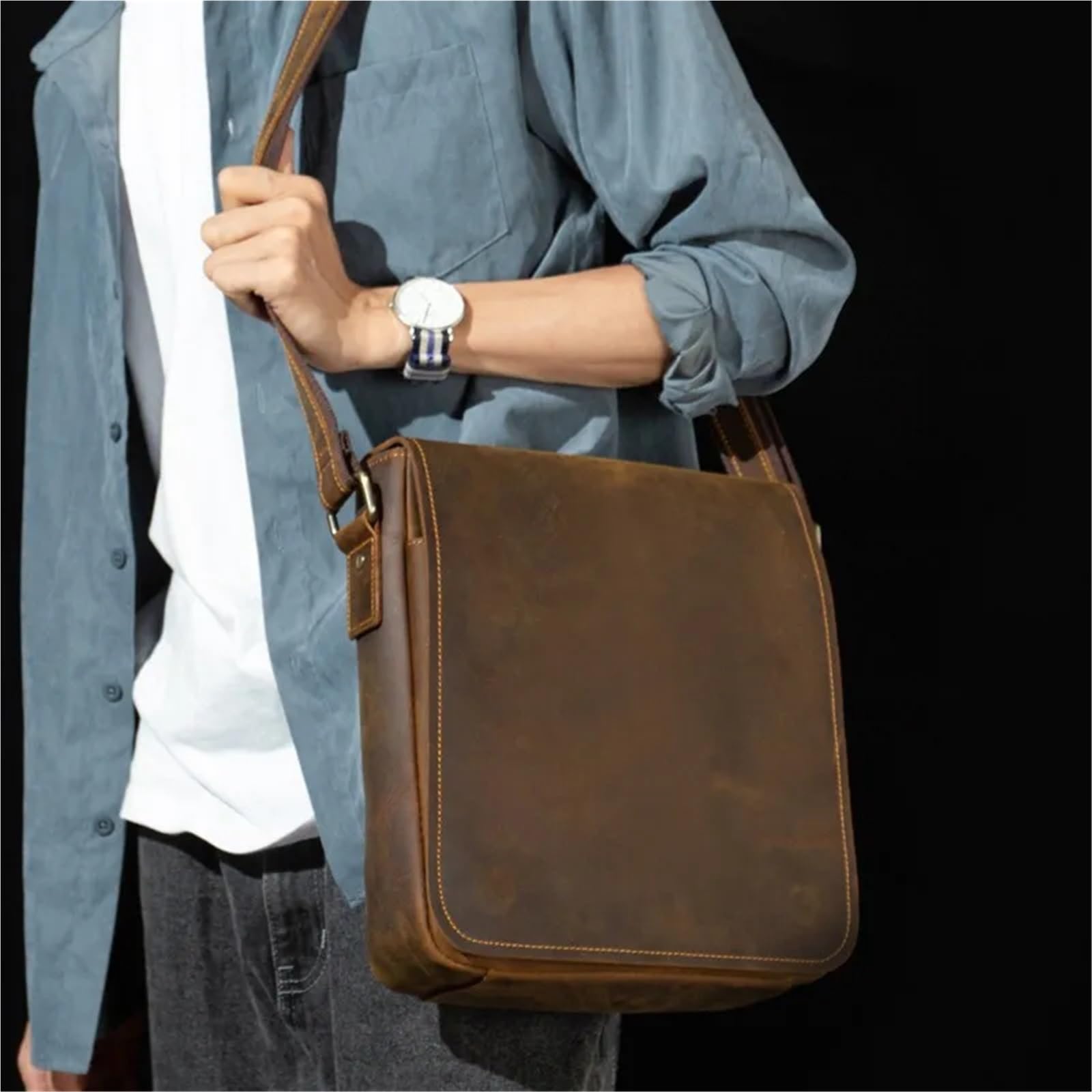 Borsa per Documenti Ufficio Borsa a tracolla in pelle, stile retrò, in di cavallo pazzo, da uomo, casual, semplice, in