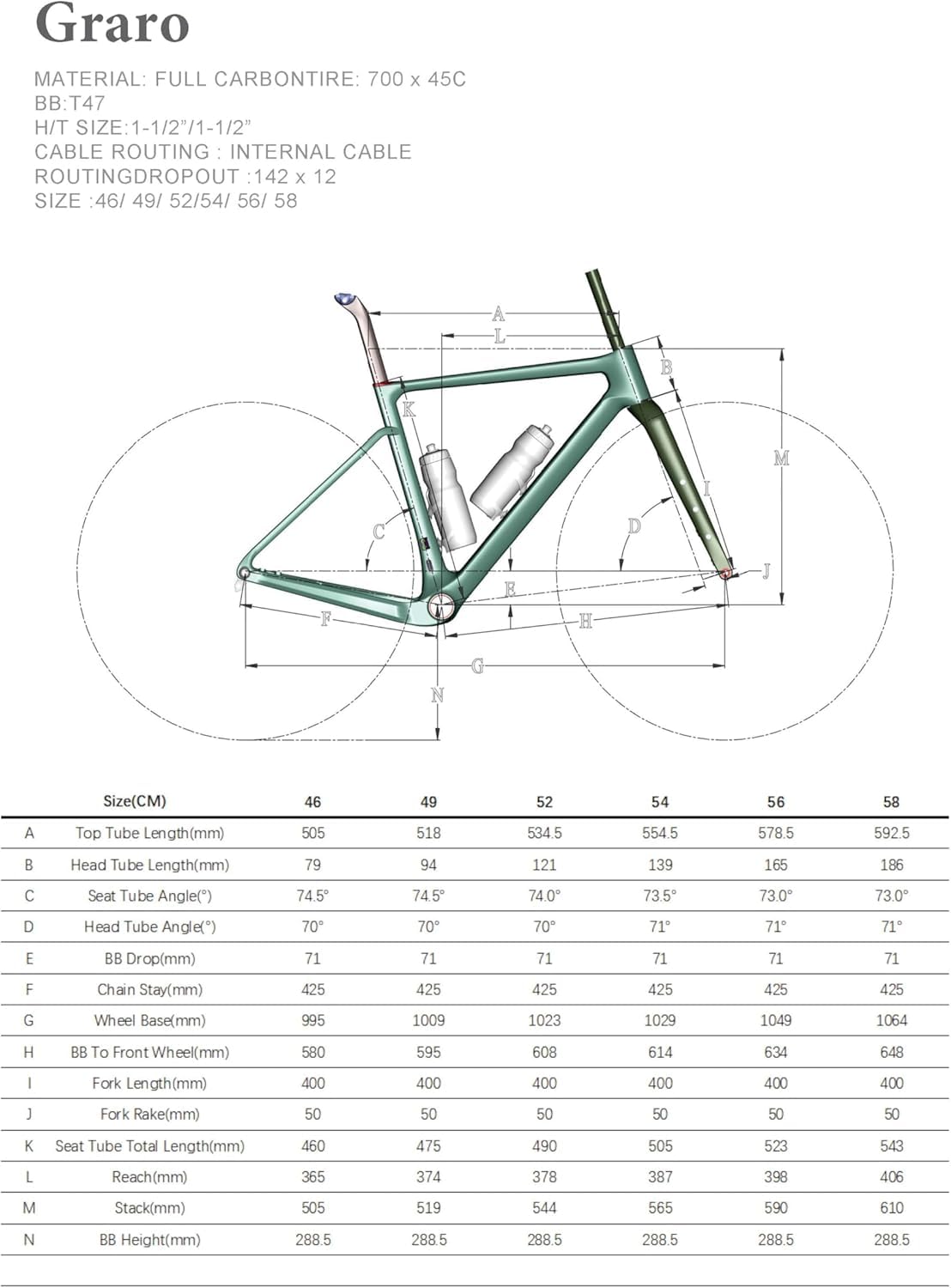 Graro Kit Telaio Bici Gravel in Carbonio UCI, T47 BB & UDH Dropout, Passaggio Cavi Interno 49-58 cm
