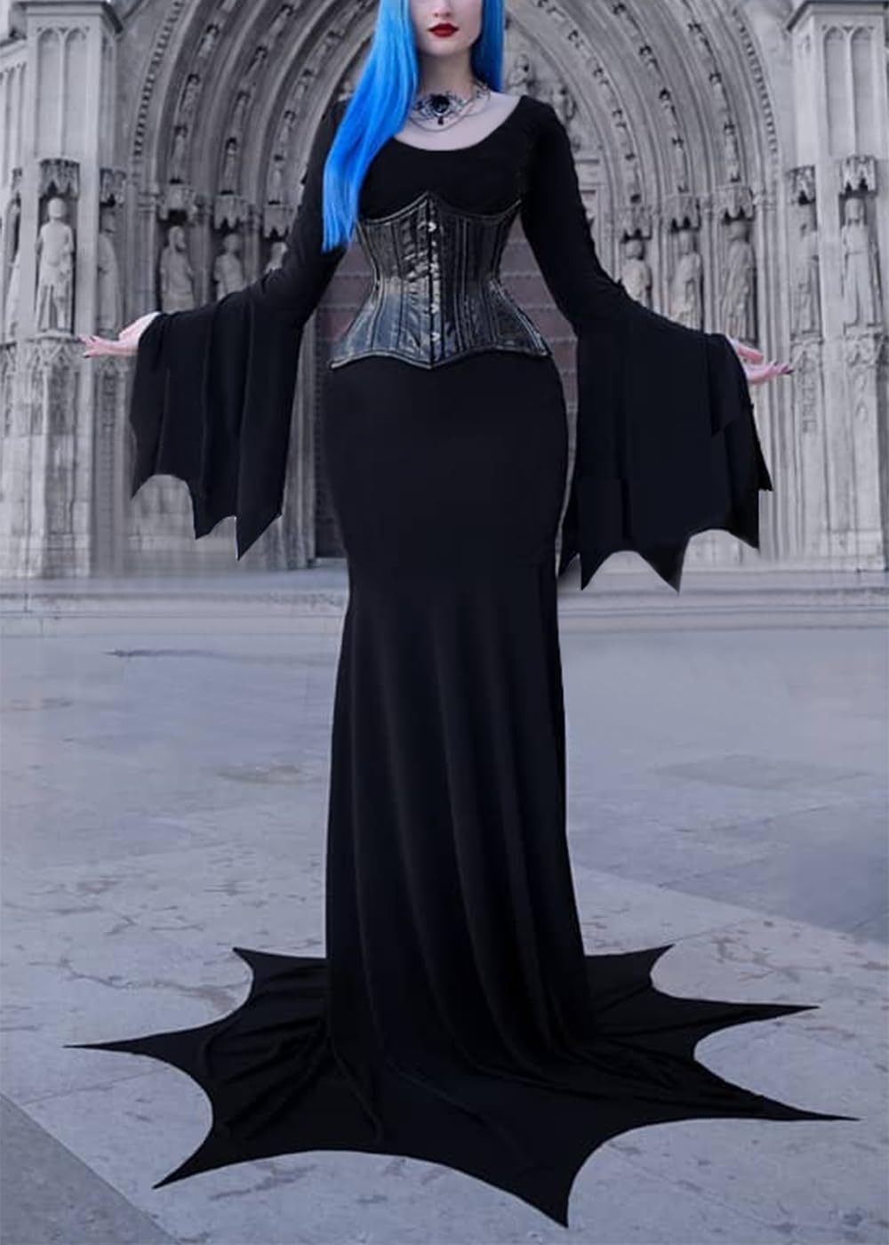 Robe Morticia Addams Halloween - Style Gothique Victorien, Manches Longues, Col V, Cosplay