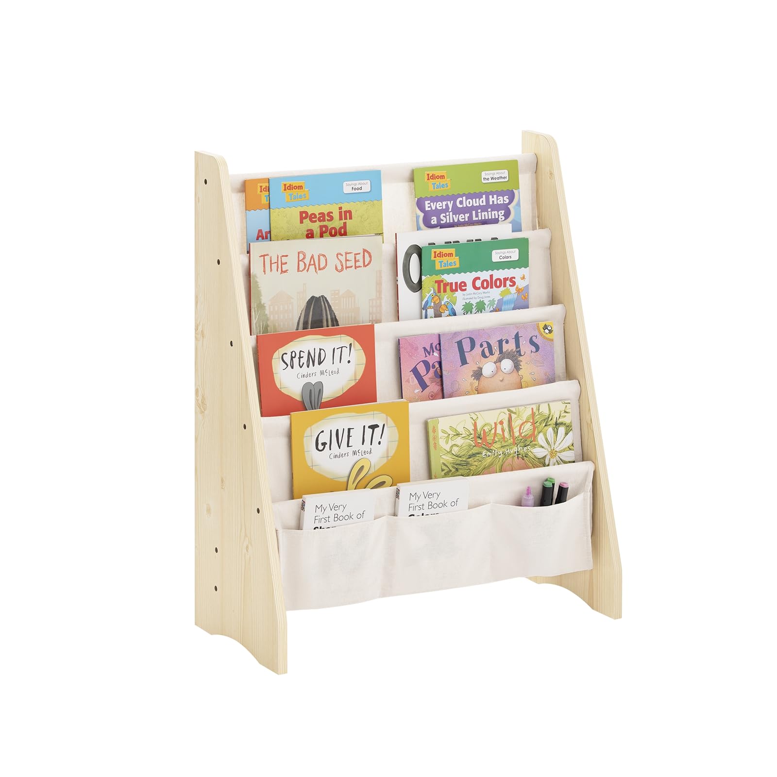 SoBuy Librería Infantil Montessori Estantería Libros Infantil con 4 Estantes y 3 Bolsillos de Tela Biblioteca para Almacenaje de Libros y Juguetes Natural 63x28x76cm KMB50-N
