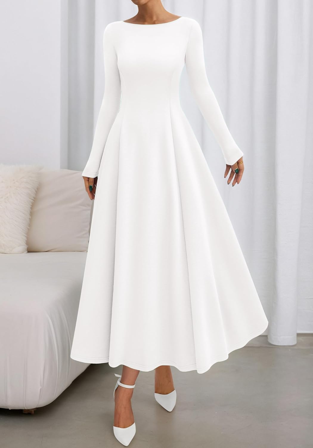 BTFBM Spring Dresses for Women 2026 Trendy Boat Neck Long Sleeve A Line Flowy Knit Loose Casual Elegant Party Maxi Dress - Image 2