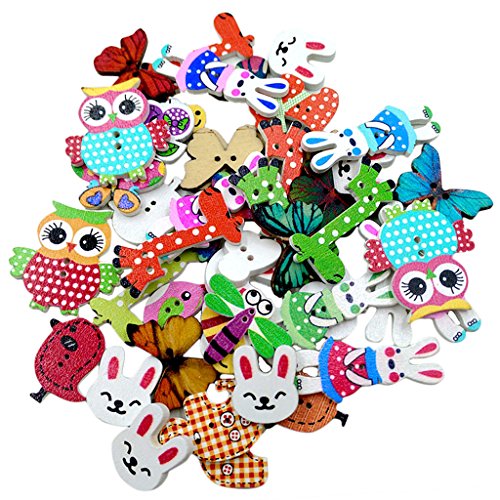 Truvic Pack of 50 Assorted Animals Wooden Decorative Buttons for Sewing and Crafts