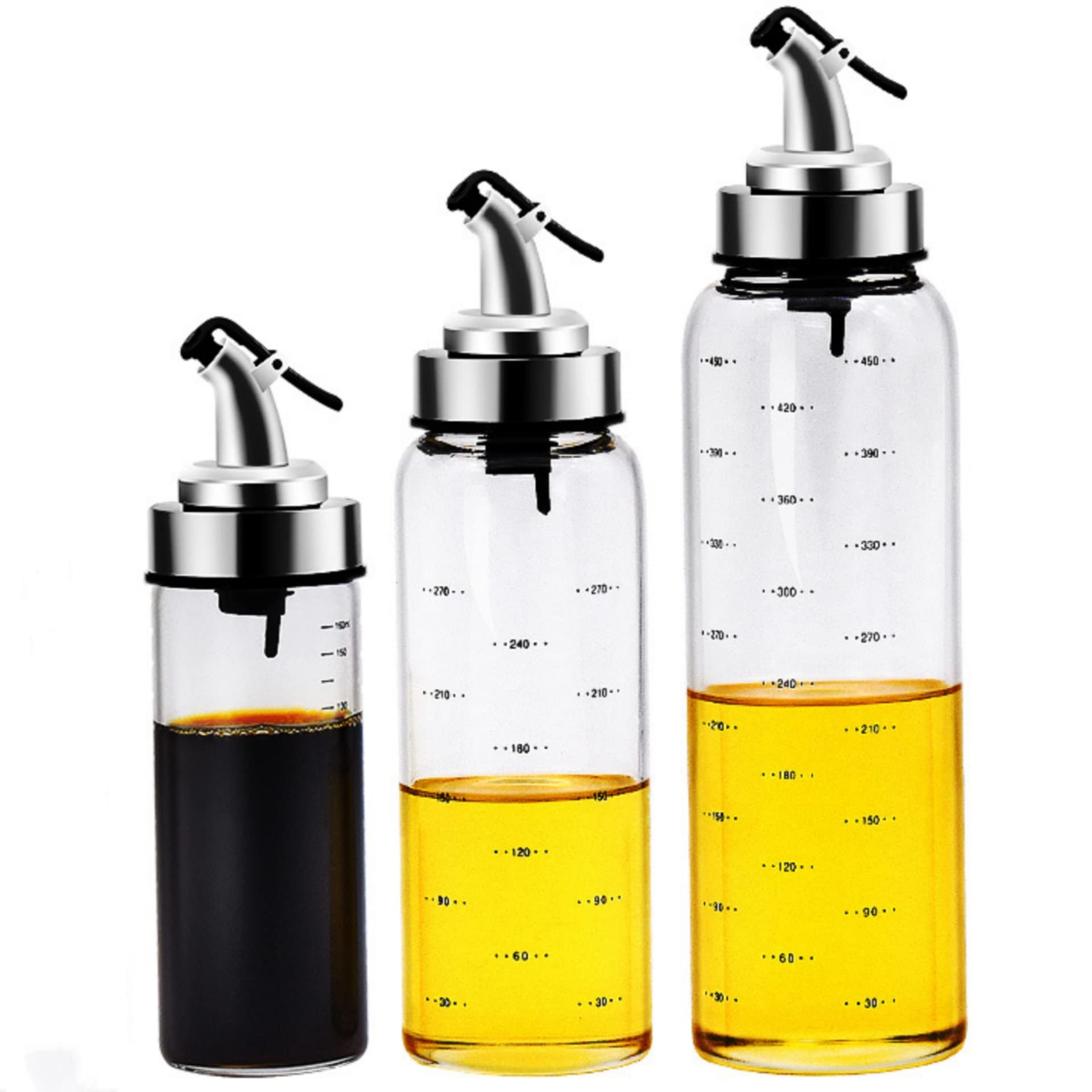 3PCS Oil Dispenser Bottle Oil Vinegar Cruet Kitchen Thickened Glass Soy Sauce Bottle Oil Pot Leak-Proof Stainless Steel Oil Pot Seasoning Bottle Dust Cover Nozzle 200ml 300ml 500ml (#2)