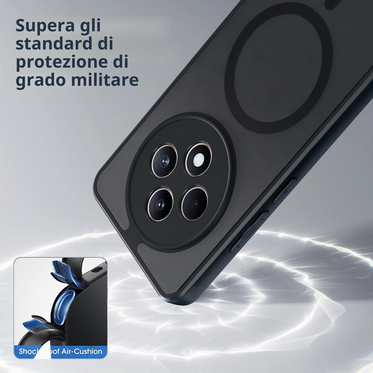 Custodia Militare Per OPPO Reno 12 F/FS – Cover Con Anello Rotante 360° E Vetro Temperato Incluso (Nero)