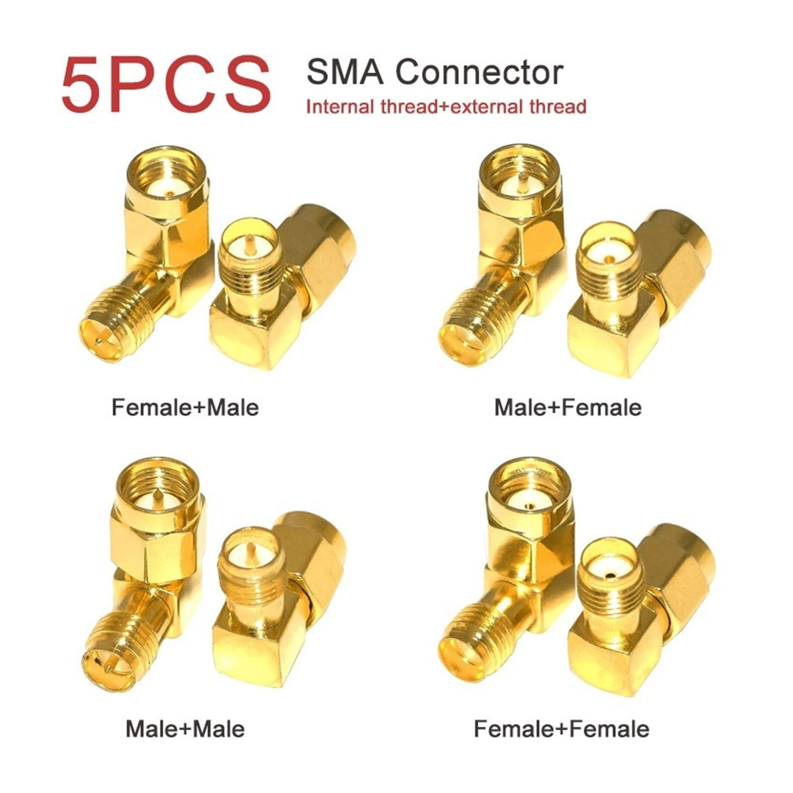 Lot de 5/10 adaptateurs coaxiaux RF SMA mâle vers femelle à angle droit à 90 degrés 50 ohms plaqué or pour extension d'antenne LTE (type 1, 5 pièces)