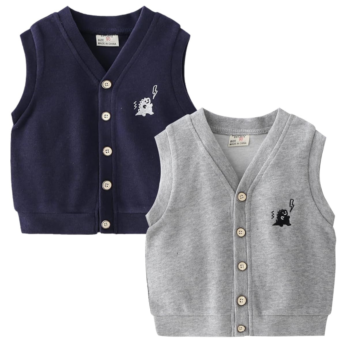 2 Pezzi Neonato Bambino Senza Maniche Ricamo di Dinosauro alla Moda Gilet Abbigliamento Senza Maniche Cotone Bambini Ragazzo Gilet Modello per Primavera e Autunno 1-6 Anni