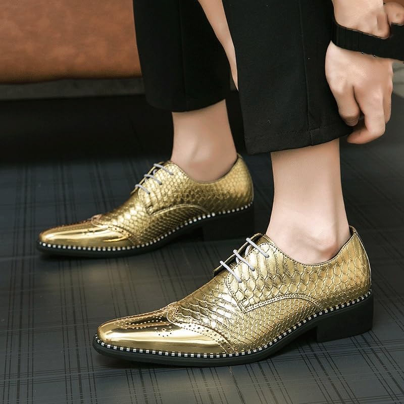 Italian Fashion Gold Elegant Oxford Shoes, Mens Lace-up Shoes, Men Pointed Toe Formal Shoes, Moccasins, Men's Genuine Leather2
