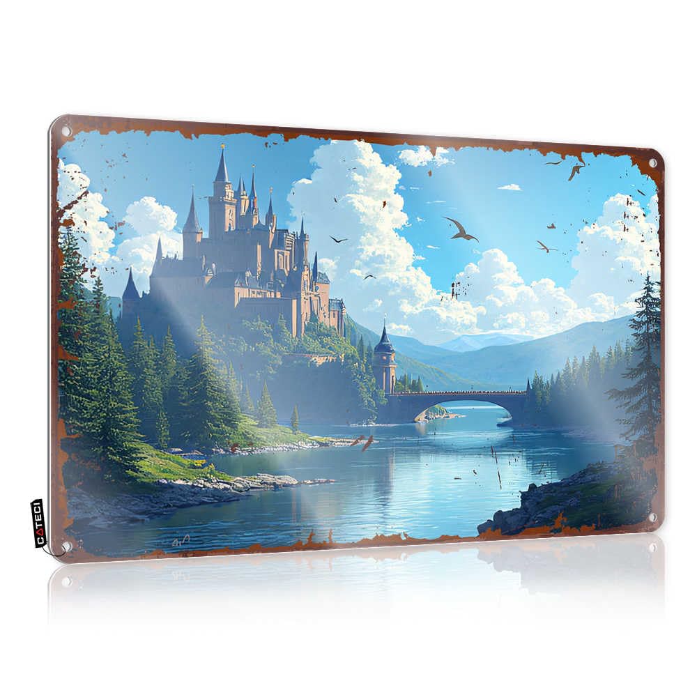 Fzfn Colour Decor Gorgeous Fall Door Decorations Custom Fantasy Castle By The Serene Lake With Birds Flying Above - Vintage Wall Decor For Kitchen Bar(20X30cm)