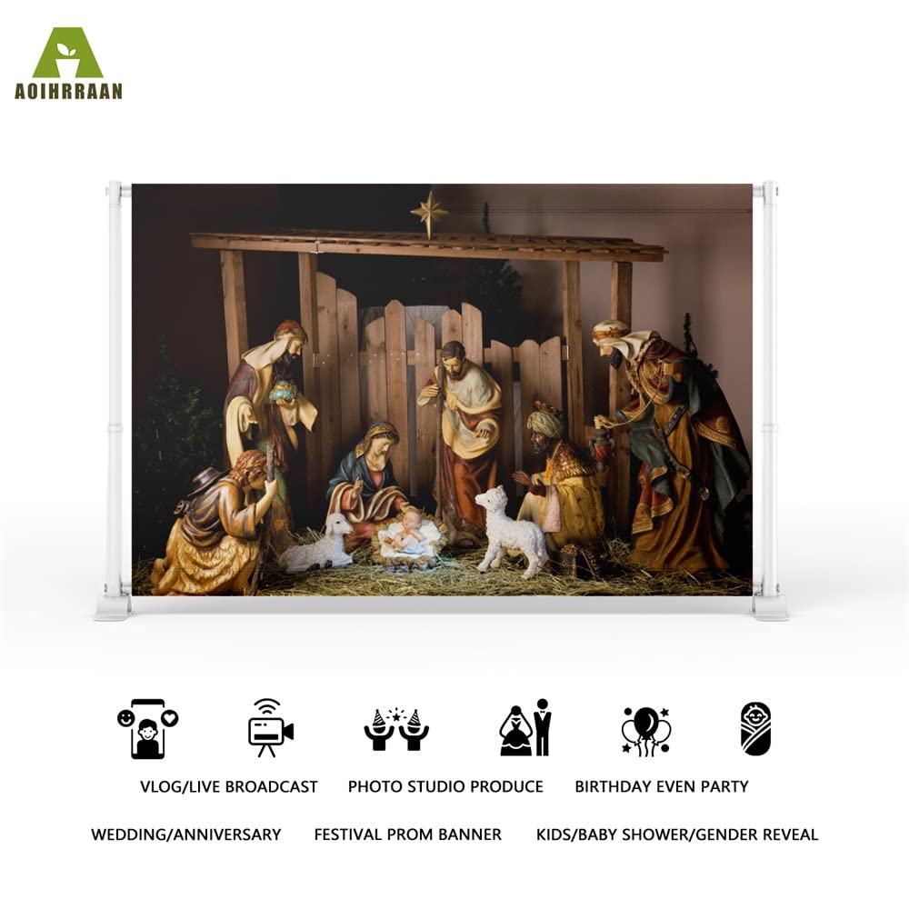 Aoihrraan 3x2m Nativity Scene Backdrop Birth of Jesus Sheep Religious Belief Shepherd Sculpture Photography Background Church Bible Story Belief Christian Believer Portrait Photo Studio Props - Image 2