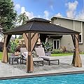 Modern 12'x14' Hardtop Gazebo, Outdoor Aluminum Frame Canopy with Galvanized Steel Double Roof, Outdoor Permanent Metal Pavilion with Curtains and Netting for Patio, Backyard and Lawn(Brown)