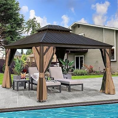 Modern 12'x14' Hardtop Gazebo, Outdoor Aluminum Frame Canopy with Galvanized Steel Double Roof, Outdoor Permanent Metal Pavilion with Curtains and Netting for Patio, Backyard and Lawn(Brown)
