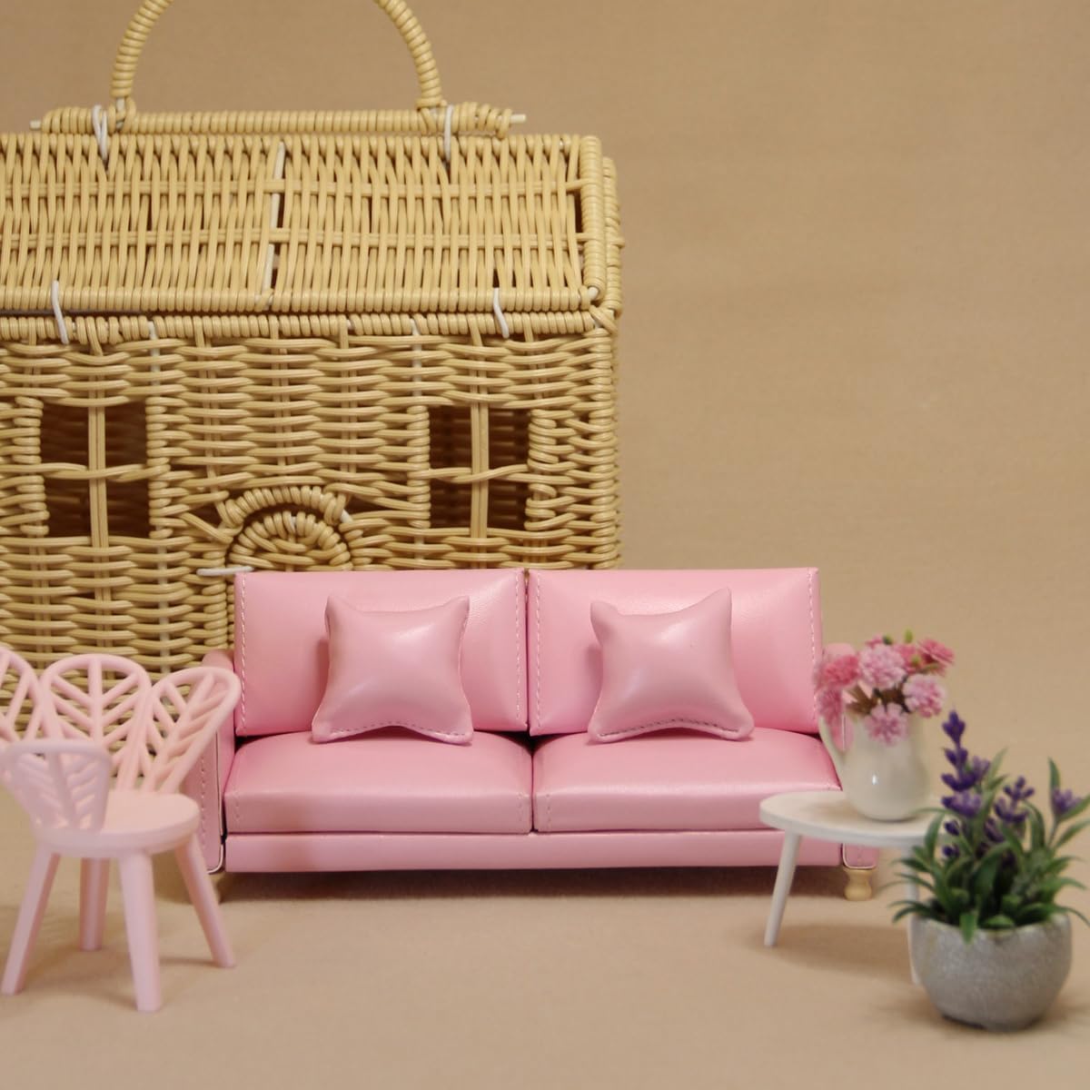 Miniature Dollhouse Leather Couch 1:12 PU Sofa Furniture Set with Cushions – Fit 3 to 6 inches Doll Figure 1/12 Scale Accessories for Doll House Décor(Pink)