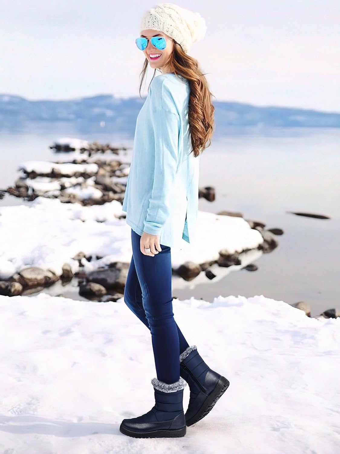 TEMOFON Women Ankle Boots Waterproof: Snow Winter Fur Lining Boot Ladies Weather Cold Walking Booties Woman Warmest Fur Comfortable Snowboots Waterproof Blue Size 8
