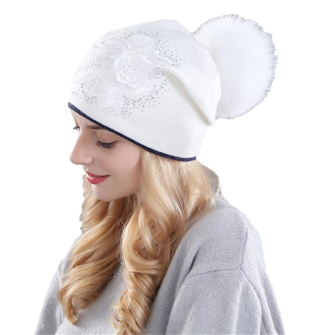 Sombrero de Punto de Lana de Piel de Conejo de Invierno para Mujer, Gorros de visón cálidos para Mujer White