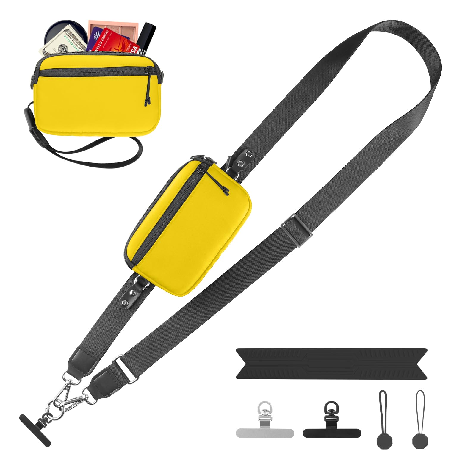 YFWE Clip and Go Strap for Phone with Wallet Crossbody, Adjustable Phone Lanyard with Detachable RFID Wristlet Wallet &amp; Ultra-Thin 360° Rotatable Metal Tabs for All Smartphones (Yellow)