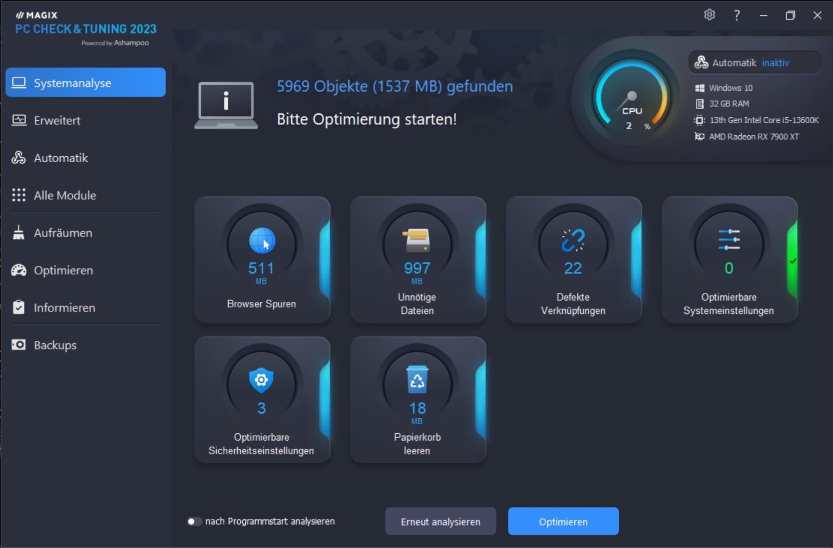 MAGIX PC Check & Tuning 2023 - AUFRÄUMEN. BESCHLEUNIGEN. ABSICHERN. | System Optimierer | PC aufräumen | Optimiert für Windows 10/11 | 2 Aktivierungen - 1-Jahreslizenz-Version