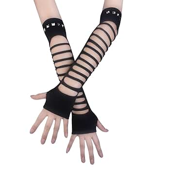 JISEN Punk Studded Ripped Torn Knitted Soft Arm Warmer