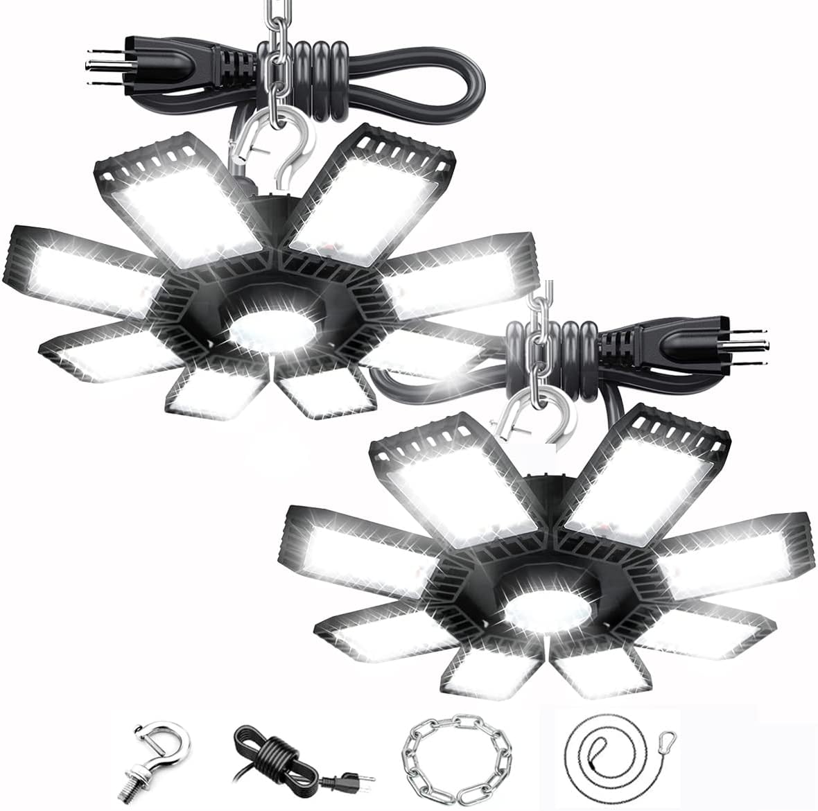 CODAFUL 150W LED Garage Light, Deformable High Bay Shop Lightswith Adjustable 8 Panels,150W 15000LM Bright 6500K for Commercial Warehouse Residential, Barn, Factory, Workshop(Black, 2PACK) Black US Plug II 2PACK 150W