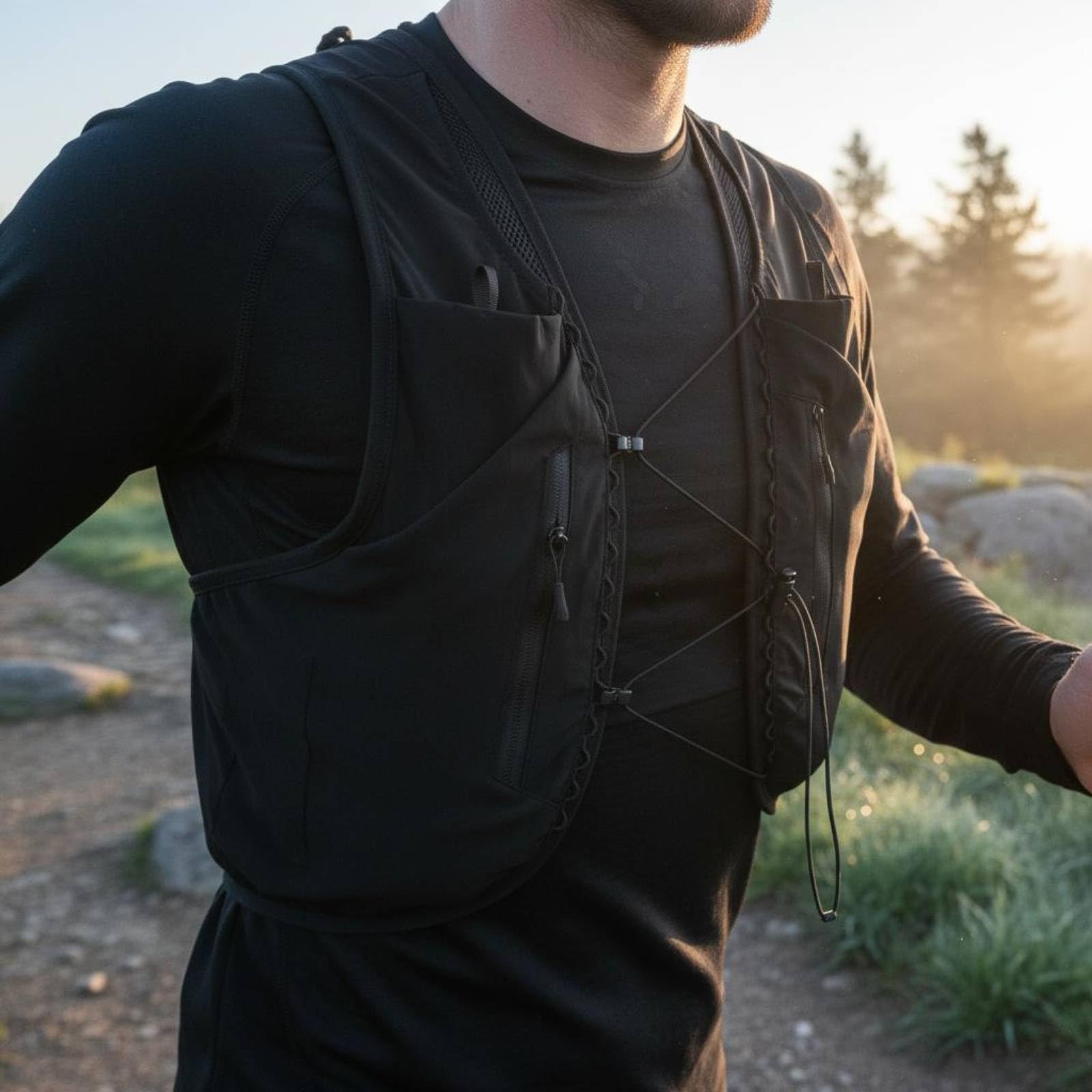 Gilet d'Hydratation Extérieur Ensemble pour Activité Physique Reservoir à Eau Compartiments Multiples Gilet Ajusté Matière Polyester Adapté à la Marche