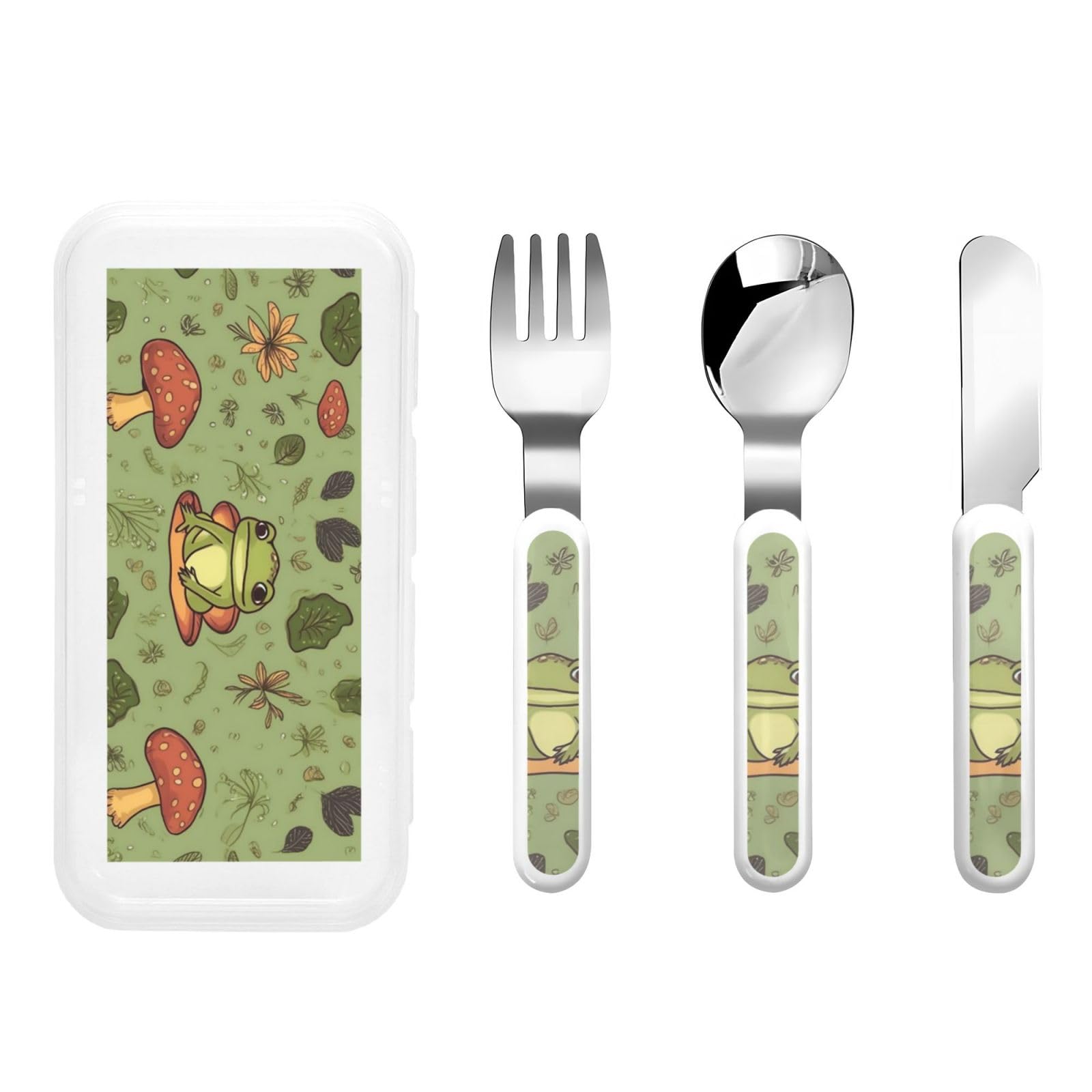 Stainless Steel Kids Silverware Set, Frogs And Mushrooms Utensil Set Reusable Children Safe Knife Spoon Fork Set With Storage Case Dishwasher Safe For Lunch, Travel Outdoors