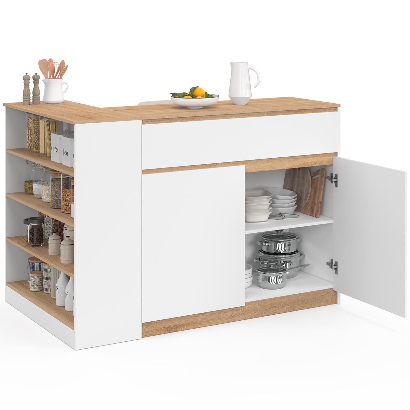 IDMarket - Ilot Central TOMI 130 cm 2 Personnes Double Plateau Bois Blanc avec Plan de Travail façon hêtre