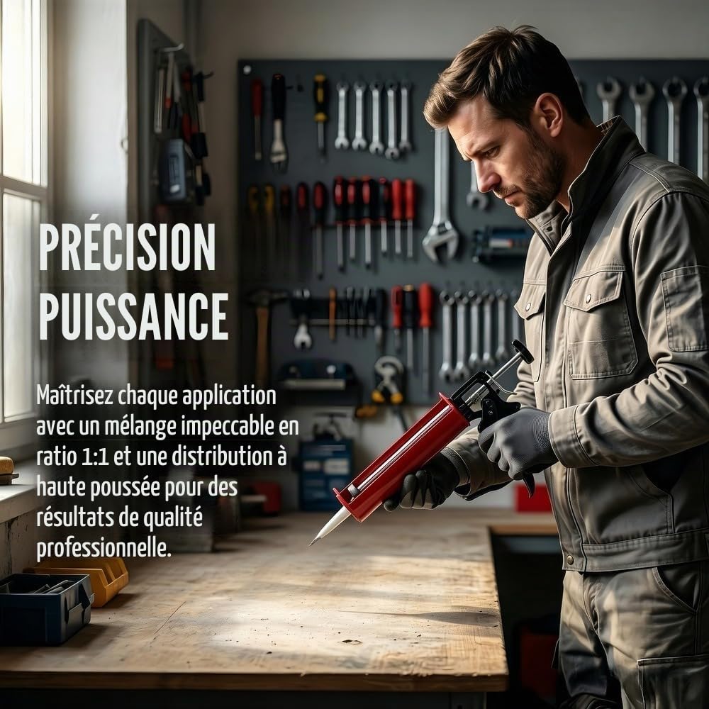 Pistolet à calfeutrer à double cartouche pour double composant (rapport de mélange 1:1) jusqu'à 450 ml Pistolet applicateur manuel pour adhésifs, mastics et époxy, rouge