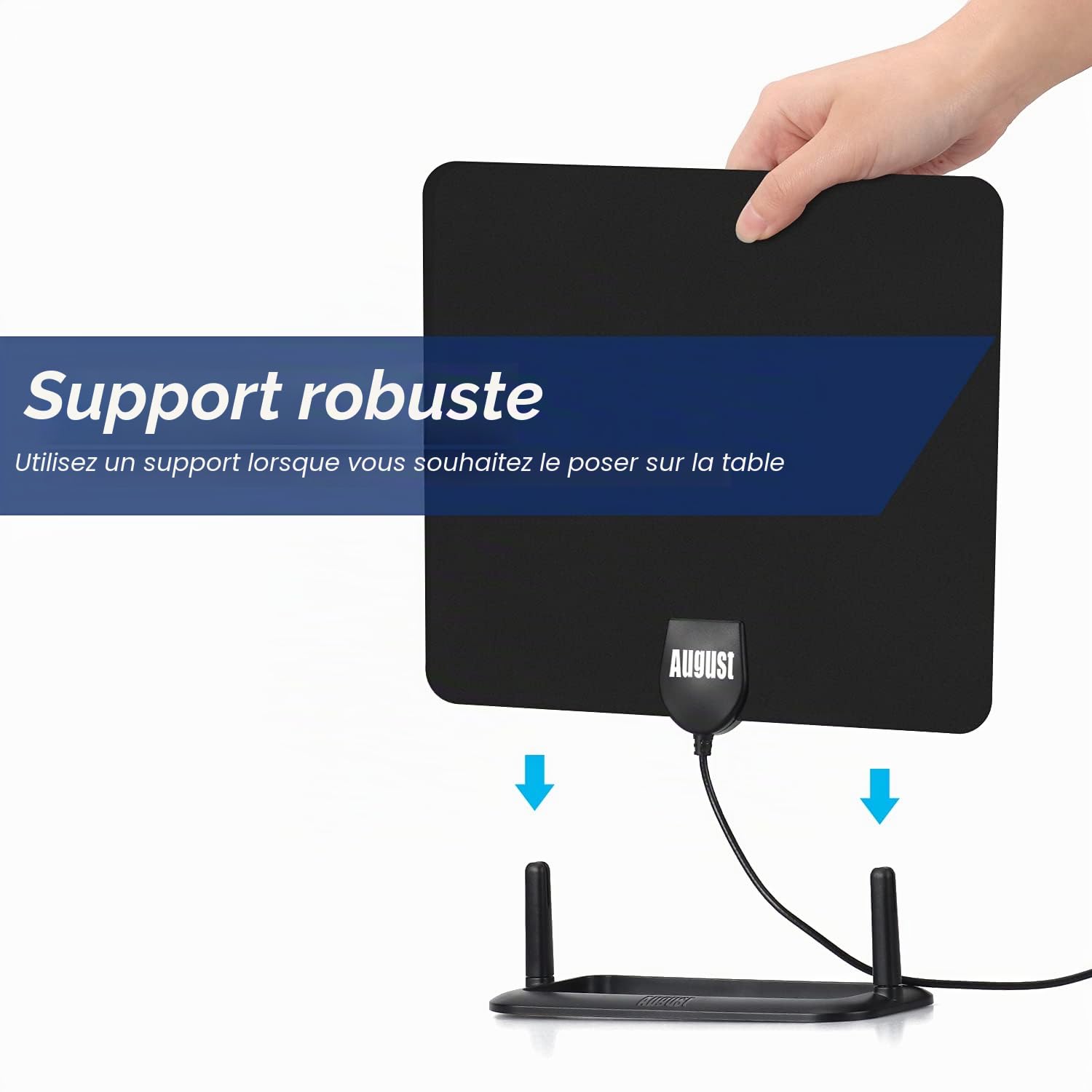 August DTA450 Antenne TV d’Intérieur TNT HD Puissante Numérique avec Câble 3m UHV VHF Noir