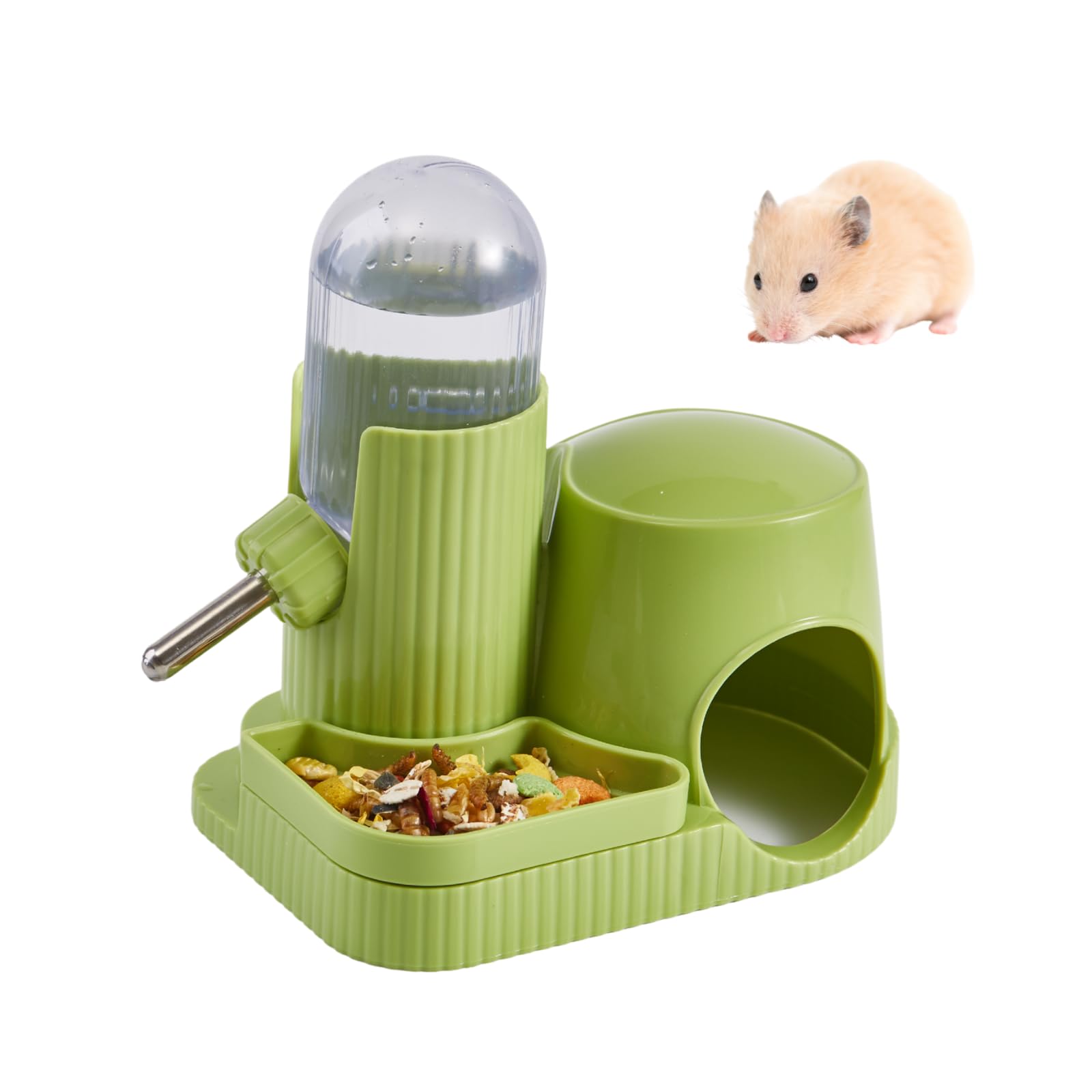 Bebedero 3en1 para Hámster Dispensador Automático Antifugas con Comedero y Base Escondite para Gerbil Rata Hámster Enano Ratón (Verde, 100ml)