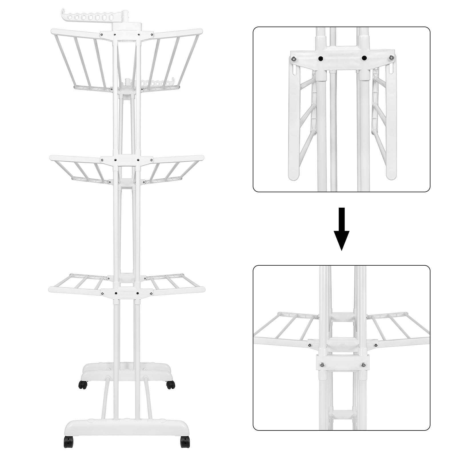 Stendibiancheria a torre, stendibiancheria estensibile e regolabile, grande capienza, con 6 ruote, freno di stazionamento a 360°, plastica e acciaio inossidabile, (bianco)