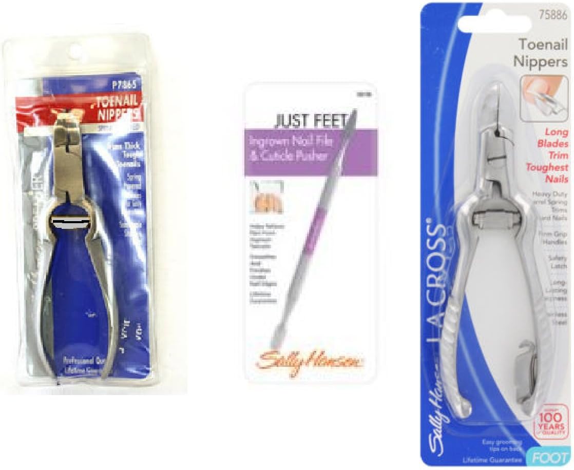Sally Hansen LA Cross Toenail Nippers P7865 + Ingrown Nail File Cuticle Pusher 58158 + Long Toenail Nippers 75886