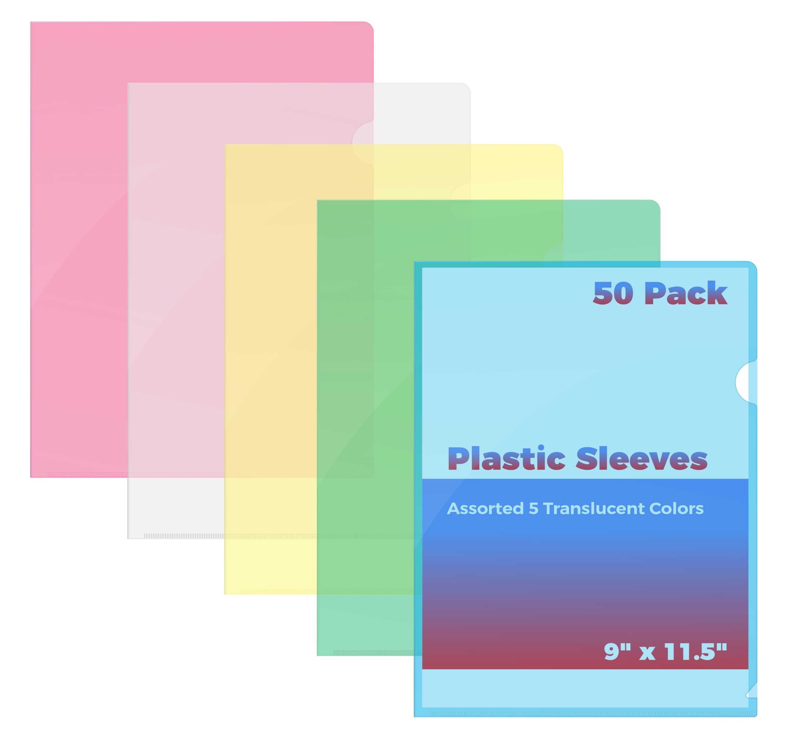 Better Office Products Poly Project Pockets, 50 Pack, Plastic File Jacket Sleeves for Letter Size Paper, Assorted 5 Translucent Colors, Project Folder