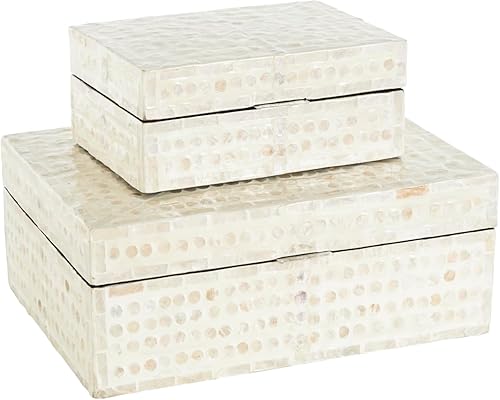 Miniatura 1 de Deco 79 Caja decorativa geométrica hecha a mano con concha de nácar, caja decorativa de recuerdos con detalles marrones, juego de 2 cajas de